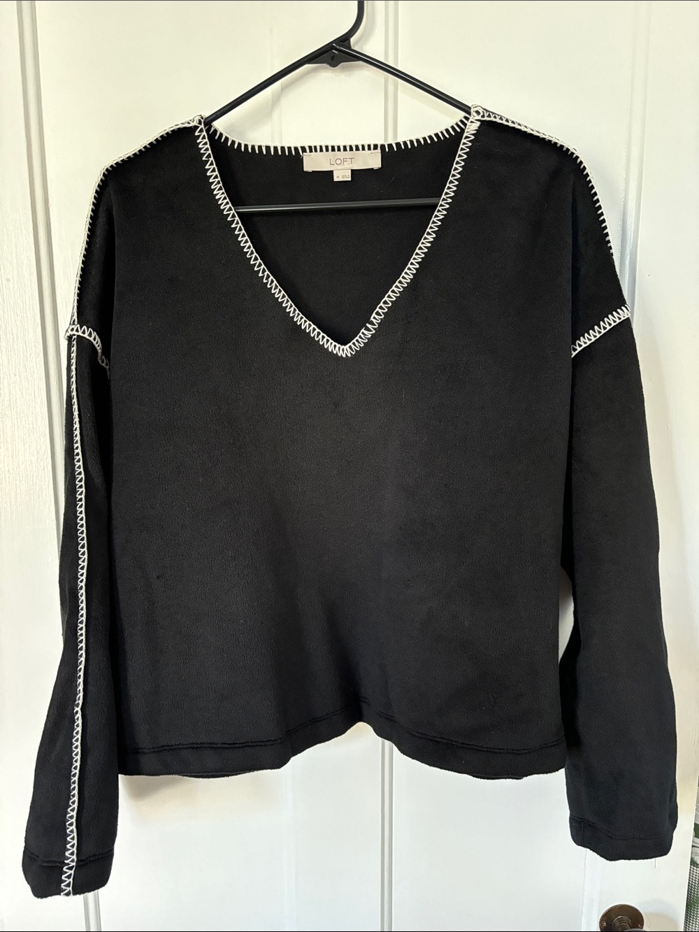 LOFT Black V-Neck Sweatshirt with White Zigzag Stitching